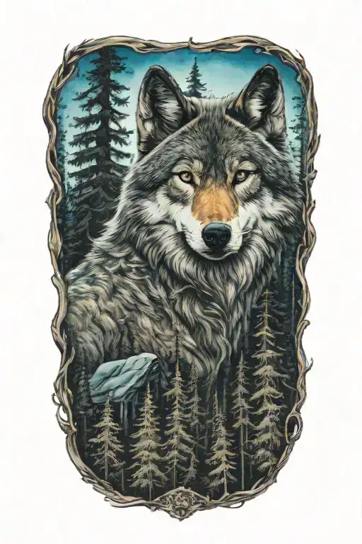 wolf blue eyes howling forest landscape tattoo design idea