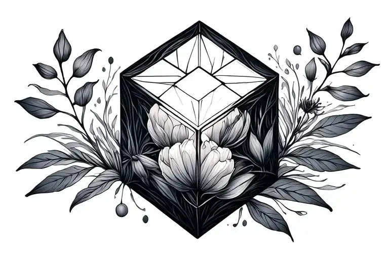 tesseract cube with thin lines and botanical illustration tattoo design idea