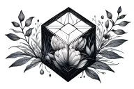 tesseract cube with thin lines and botanical illustration tattoo design idea