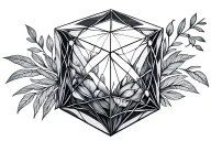 tesseract cube with thin lines and botanical illustration tattoo design idea