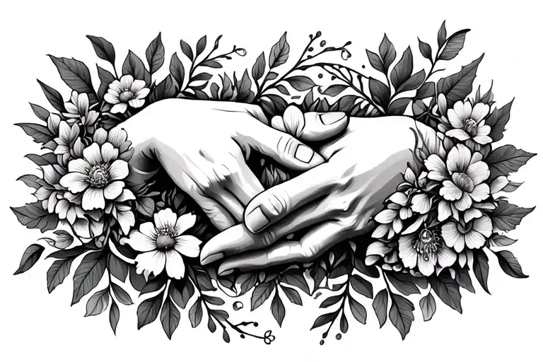 two hands healing with flowers and vines. self love.  tattoo design idea