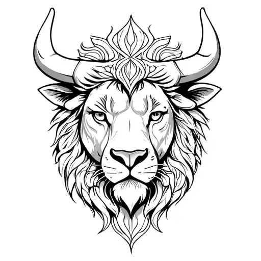Lion head with bull's head combined as mandala tattoo design idea