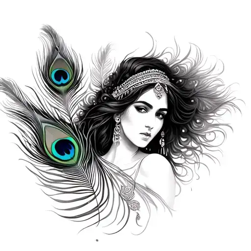 peacock feathers floating with Romani gypsy woman tattoo design idea