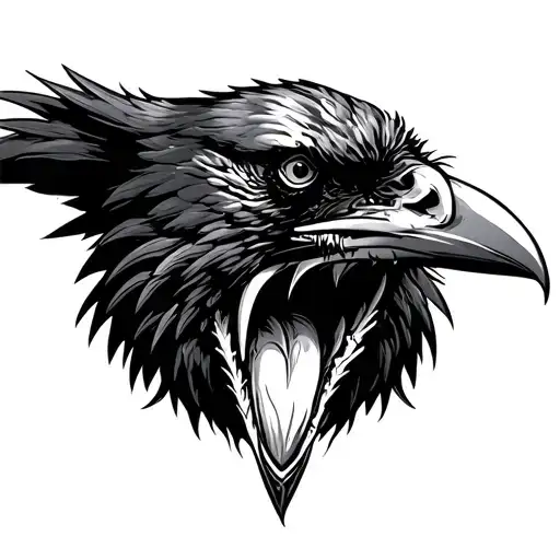 raven head with two Pennie's in it's mouth open tattoo design idea