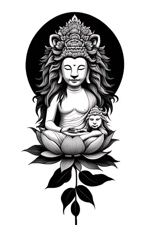 lion and budha sitting in a lotus flower blooming tattoo design idea