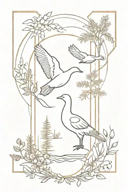 hip tattoo with geese, florals, pine trees, and other western elements tattoo design idea