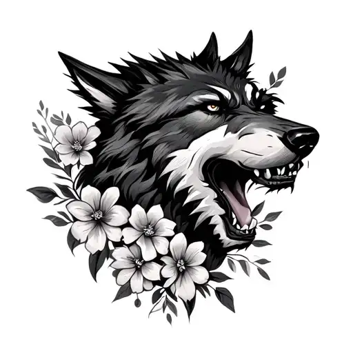 werewolf head with flowers tattoo design idea