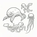 one line swiming seal  with heart eye ,octopus ,jelly fish , sea turtle  tattoo design idea