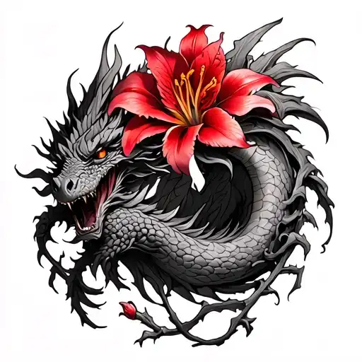 red spiderlily flower and vine wood wrapped around a dragon tattoo design idea