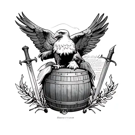 The U.S. Constitution & Quill, Bald Eagle Holding a Fasces, Whiskey Barrel with Flames, Olive Branch & Sword, Mount Verm tattoo design idea