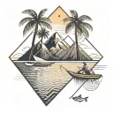 fishing mountains beach scene with palm trees tattoo design idea