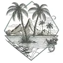 fishing mountains beach scene with palm trees tattoo design idea
