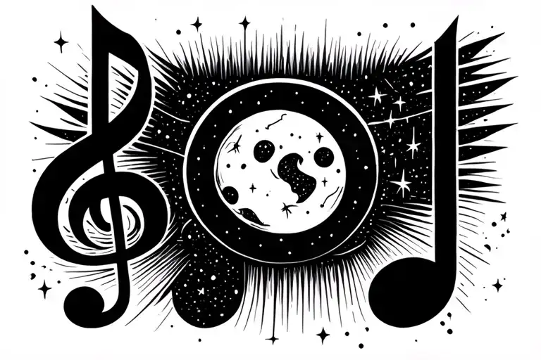 music staff lines made from stardust. constellation as notes flowing. moon as a staff signature. tattoo design idea