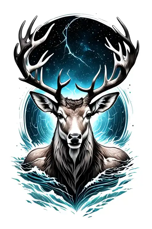 realistic humanoid stag front-facing, glowing chest crack, leaving the sea, cosmos behind, line drawing around tattoo design idea