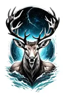 realistic humanoid stag front-facing, glowing chest crack, leaving the sea, cosmos behind, line drawing around tattoo design idea