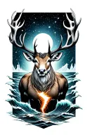 realistic humanoid stag front-facing, glowing chest crack, leaving the sea, cosmos behind, line drawing around tattoo design idea