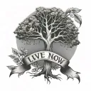 Half Dead, half alive tree, with a banner wrapped around the trunk saying "Live Right Now" tattoo design idea