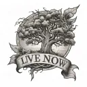 Half Dead, half alive tree, with a banner wrapped around the trunk saying "Live Right Now" tattoo design idea