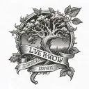 Half Dead, half alive tree, with a banner wrapped around the trunk saying "Live Right Now" tattoo design idea
