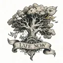 Half Dead, half alive tree, with a banner wrapped around the trunk saying "Live Right Now" tattoo design idea