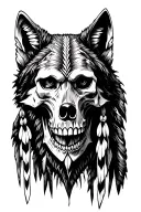 native american skull with a wolf holwing tattoo design idea