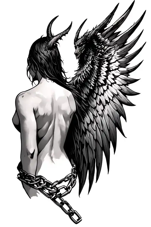 Back tattoo, left side seriphim wing, right side chained demon wing. Down the middle says “I am not the product of my ci tattoo design idea