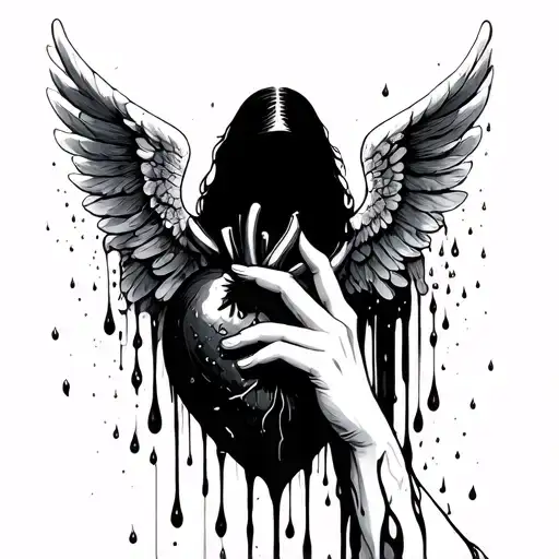 hand and a black heart and a angel shadow with wings spread behind them, all as a wet painting with drops tattoo design idea