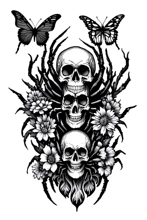 spiders and butterflies with skulls and fire and flowers tattoo design idea