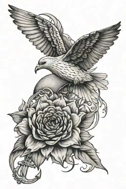 Zinnia, ocean, anchor, daffodil, seagull  tattoo design idea