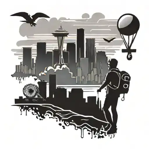 A Seattle skyline with drones flying above, and a silhouette of a hiker with a kendama in hand tattoo design idea