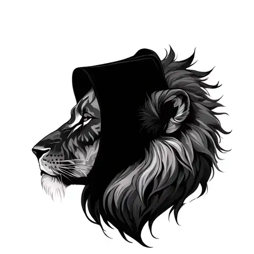 Minimal lion woman wearin read hoody kissing tattoo design idea
