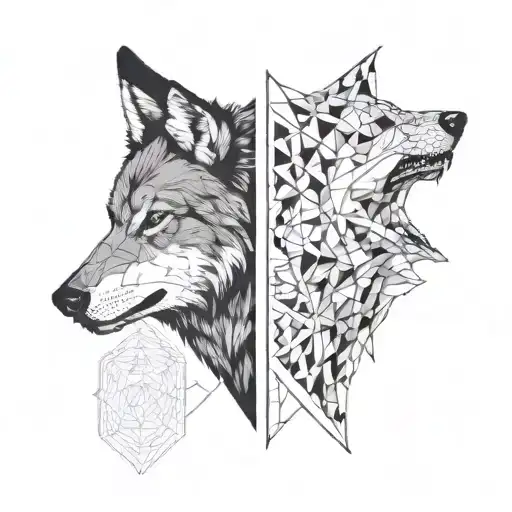 a two wolf's heads one angry black second white quiet looking at each other tattoo design idea
