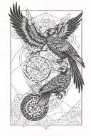 cardinal and pheonix with golden ratio over waves crashing tattoo design idea