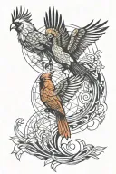 cardinal and pheonix with golden ratio over waves crashing tattoo design idea