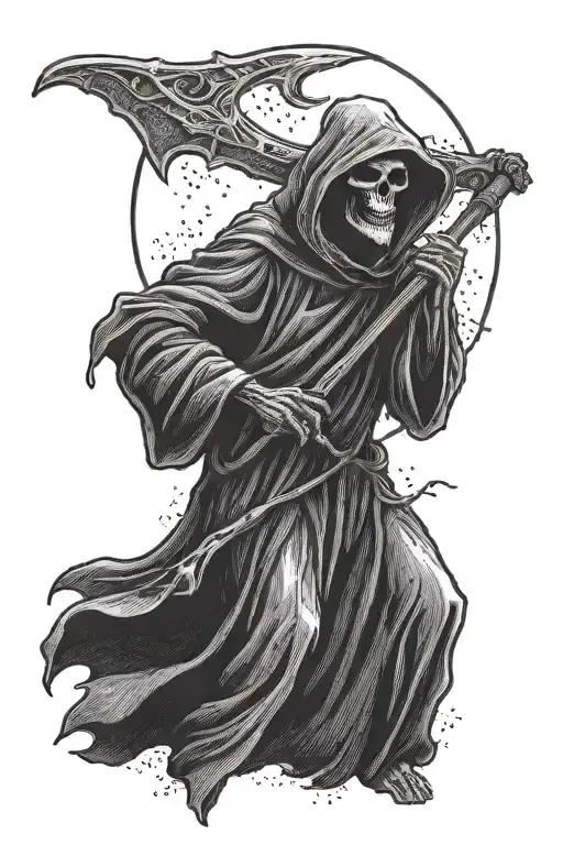 The Grim Reaper looks forward with the sun behind his head holding a sickle. tattoo design idea