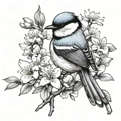 Superb Fairy-wren  with 6 cherry blossom flowers tattoo design idea