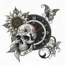 skull sunflower with music notes and digital clock showing tattoo design idea