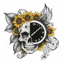 skull sunflower with music notes and digital clock showing tattoo design idea