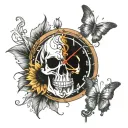 skull sunflower with music notes and digital clock showing tattoo design idea