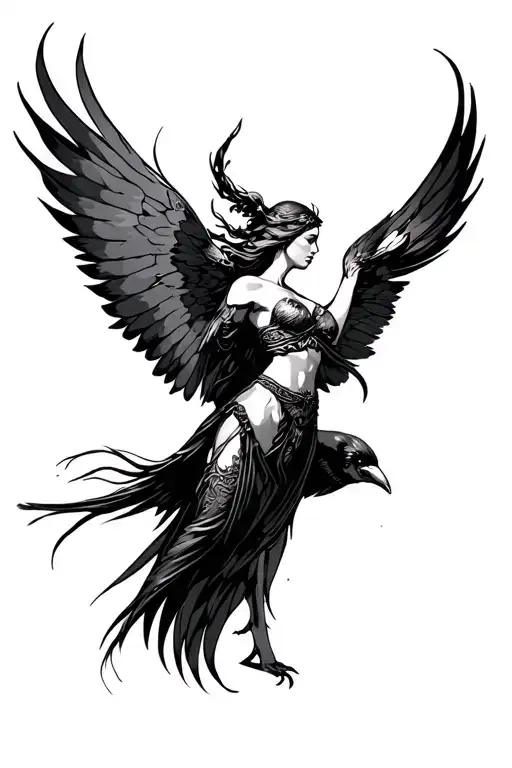 Freya goddess black bird flying away tattoo design idea