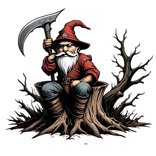 Evil Redcap Gnome Sitting on Rotting Tree Stump holding a hand Scythe tattoo design idea