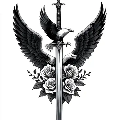 angel wings with sword and roses with eagle soaring tattoo design idea