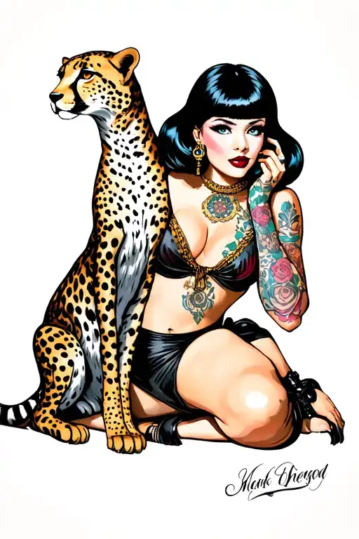 pinup girl with black bob with a pet cheetah tattoo design idea