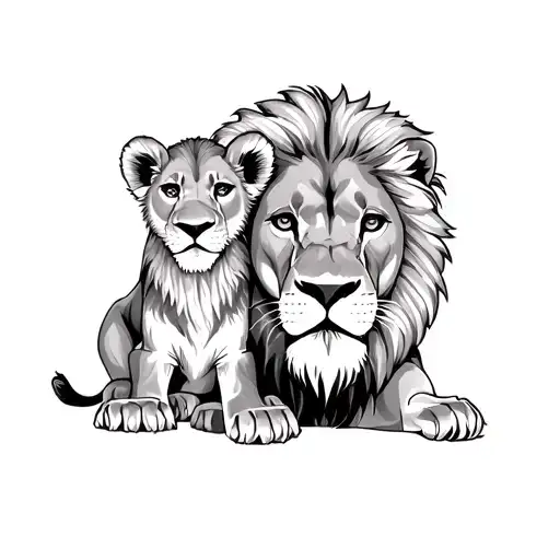 Male lion with female cub tattoo design idea