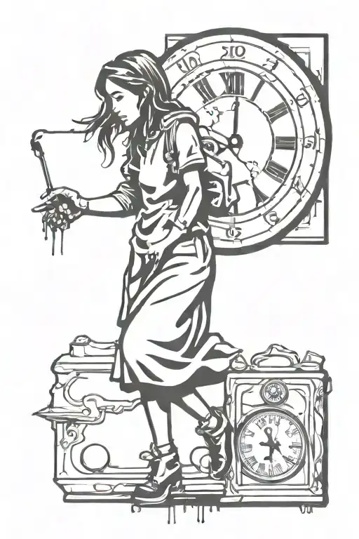 banksy girl and melting clock tattoo design idea