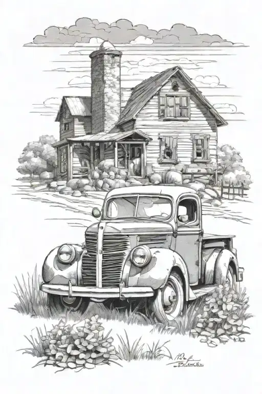 realistic 1939 ford pickup in foreground on hilltop, farm house in background tattoo design idea