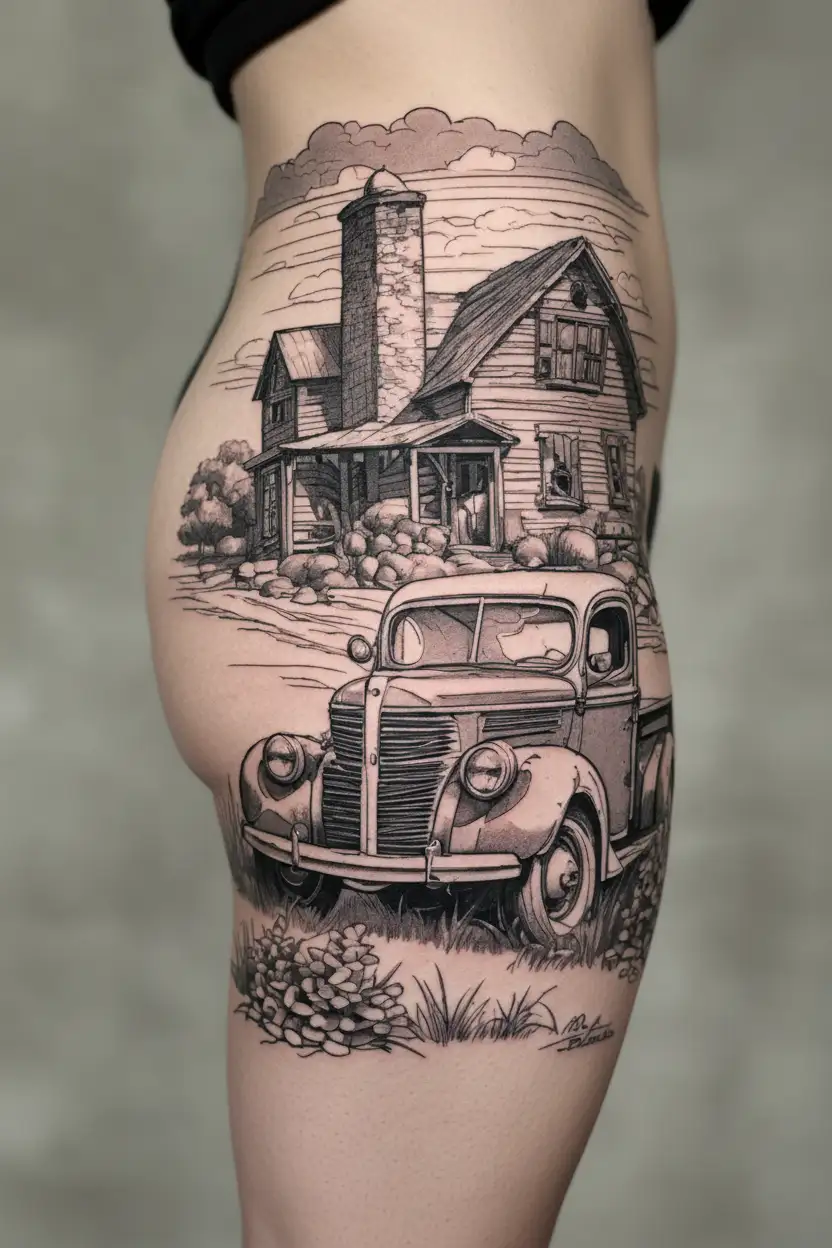 realistic 1939 ford pickup in foreground on hilltop, farm house in background tattoo design idea