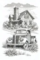 realistic 1939 ford pickup in foreground on hilltop, farm house in background tattoo design idea