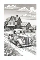 realistic 1939 ford pickup in foreground on hilltop, farm house in background tattoo design idea