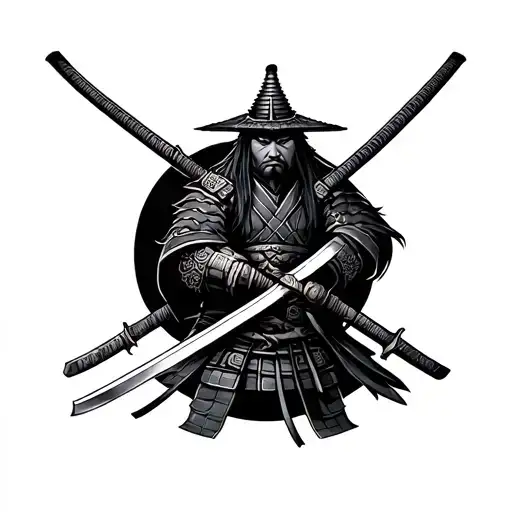 samurai full length with two swords on background full arm tattoo design idea